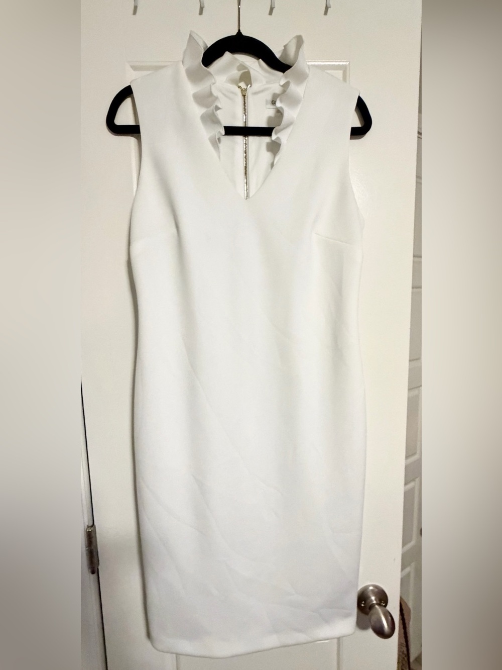 Calvin Klein White Sheath Dress 10 Ruffle Mock Neck Gold Zip - True White